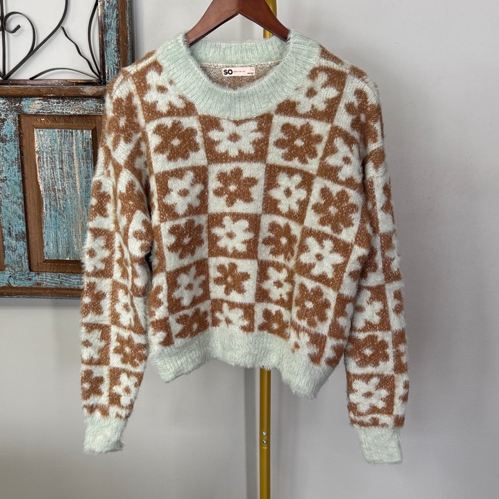SO Floral Checkered Sweater - Brown and teal NWOT L